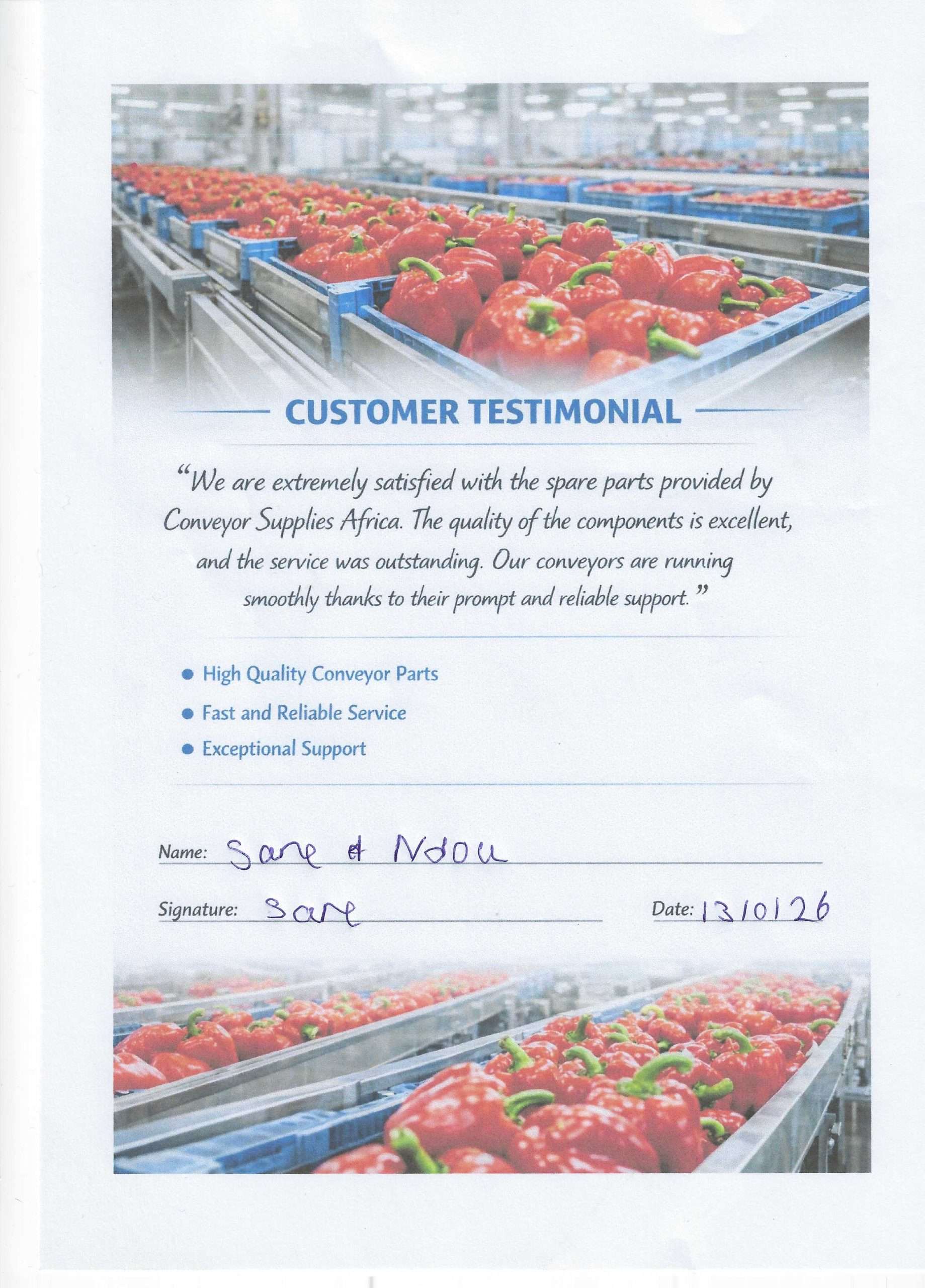 Client photo - conveyor supplies africa testimonials